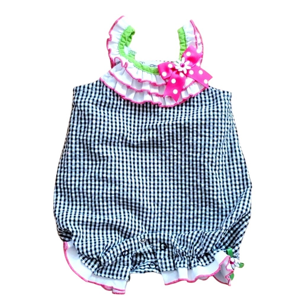 Rare Editions Girls Black Seersucker Gingham Strawberry Romper Size 6M‎